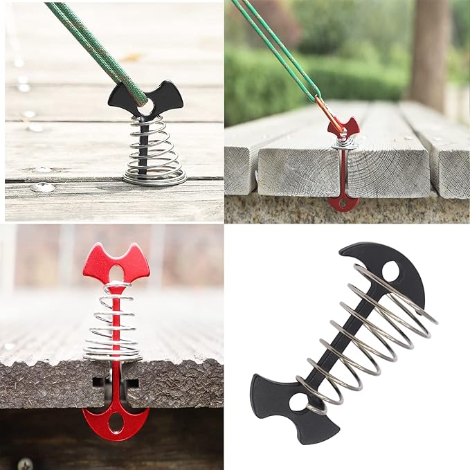 8 pcs Aluminium Alloy 2.6 inch Fishbone Tent Stakes Deck Anchor Pegs with Spring Rope Buckle Hook Cord Adjuster Tensioner Kit for Camping on Wood Platform Red
