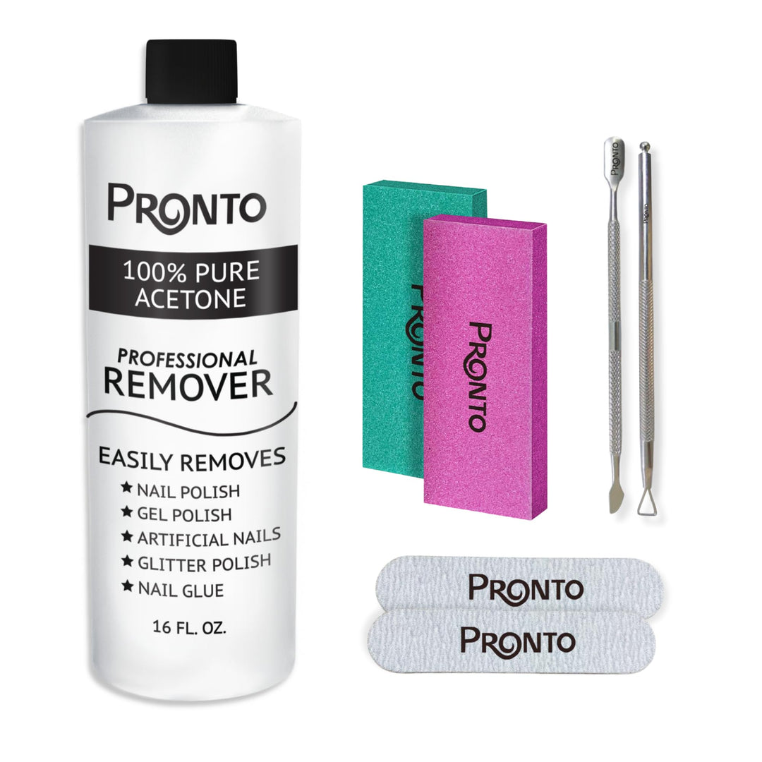 Pronto Pure Acetone 16 Oz Nail Polish Remover Gel Nail Kit, Acrylic Nail Kit Including Cuticle Pusher, Nail File, Nail Buffer, A
