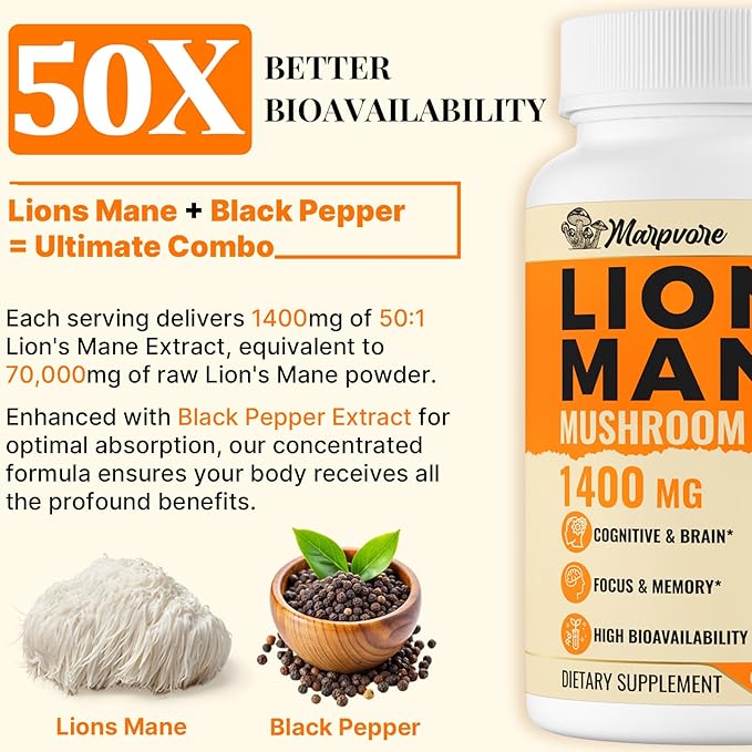 1400mg Lions Mane Supplement Capsules - 50x Strength Potency Brain Supplements for Memory and Focus | Natural Nootropics Brain Supplement for Cognitive, Clarity, Concentration & Energy - 60 Caps