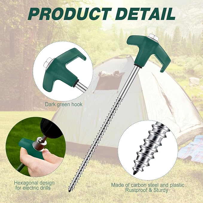 Hicarer 20 Pcs 8'' Screw in Tent Stakes Heavy Duty Ground Anchors Screw in Tent Pegs Ground Stakes Tent Spikes Metal Tent Spikes with Hex Head Driver for Camping Garden Canopies (Dark Green)