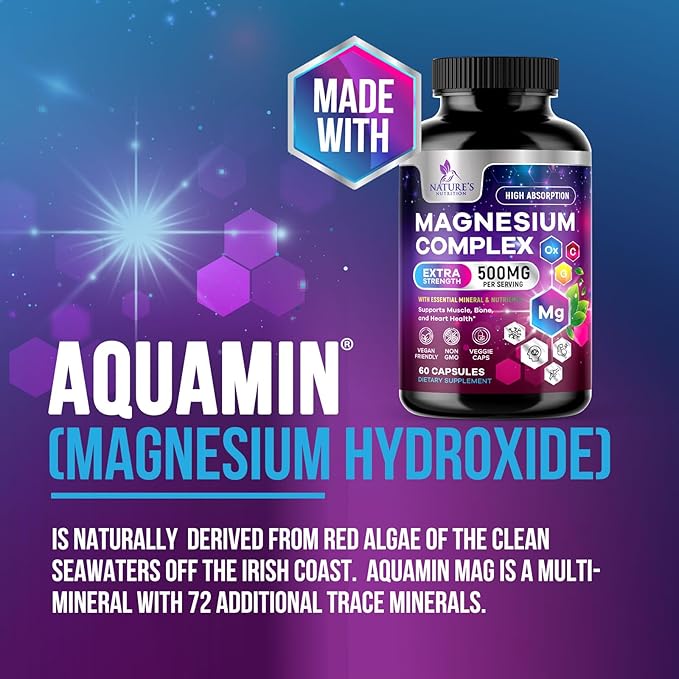 Magnesium Complex Supplement 500 mg - 5 in 1 High Absorption Chelated Magnesium Glycinate, Malate, Citrate, Oxide, Aquamin - Non-GMO Magnesio Capsules, Bone Muscle & Heart Health Support, 60 Capsules