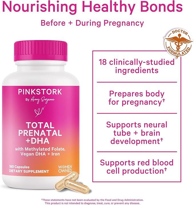 Pink Stork Total Prenatal Vitamins with DHA, Folate, and Iron, 3 Month Supply to Help Support Fetal Development, Pregnancy Must Haves - 180 Capsules