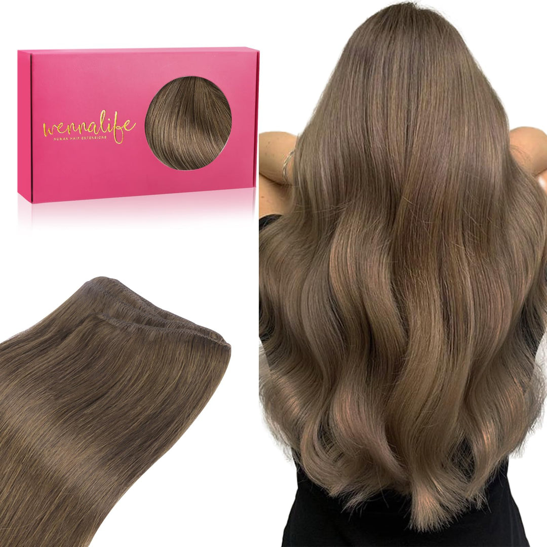 Wennalife Sew In Hair Extensions Real Human Hair, 14 Inch 80G Light Ash Brown Machine Weft Hair Extensions Human Hair Hand Tied