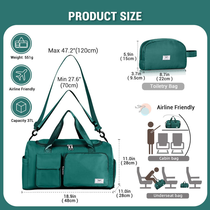FIORETTO Women's Water-Resistant Gym Duffle Bag with Shoes Compartment, 37L Capacity, Multi-Functional, Ideal for Travel, Gym, Sports, Weekender, with Toiletry Bag, Dark Green