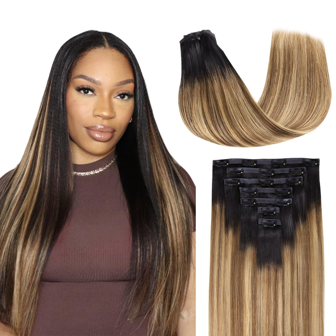 Lashey Seamless Hair Extensions Clip Ins Human Hair 14 Inch 110G 7Pcs Straight Seamless Clip In Hair Extensions Balayage Ash Bro