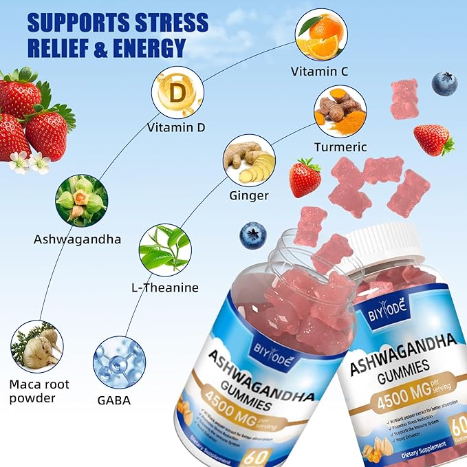 Ashwagandha Gummies for Women & Men： Ashwagandha Herbal Supplement for Stress Relief Immune Support and Calm Mood Vegan Gluten-Free Non-GMO 60 Gummies