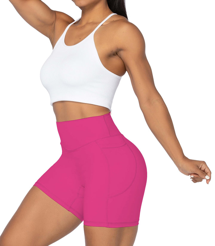 Sunzel No Front Seam Biker Shorts for Women with Pockets, Yoga Workout Gym Bike Shorts with Tummy Control 5" Sonic Pink X-Small