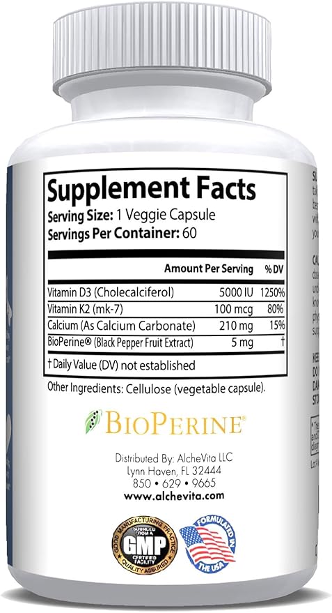 AlcheVita Vitamins D3 (5000 IU) + K2 (mk7) + Calcium (210mg)- Maximum Strength Complex (3-in-1 Formula) - 60 Capsules | Supports Healthy Bones, Heart and Immune System - Sleep and Stress Aid
