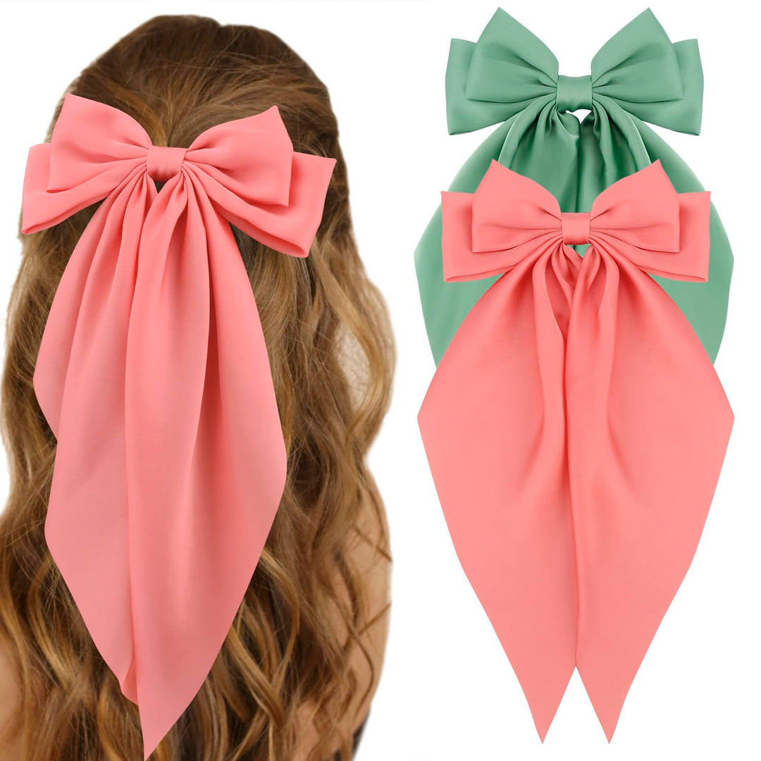 Atoden Silky Satin Hair Bows 2Pcs Green Pink Big Hair Bows Hair Ribbons Oversized Long Tail Bow Hair Clips Large Hair Ribbon Bar