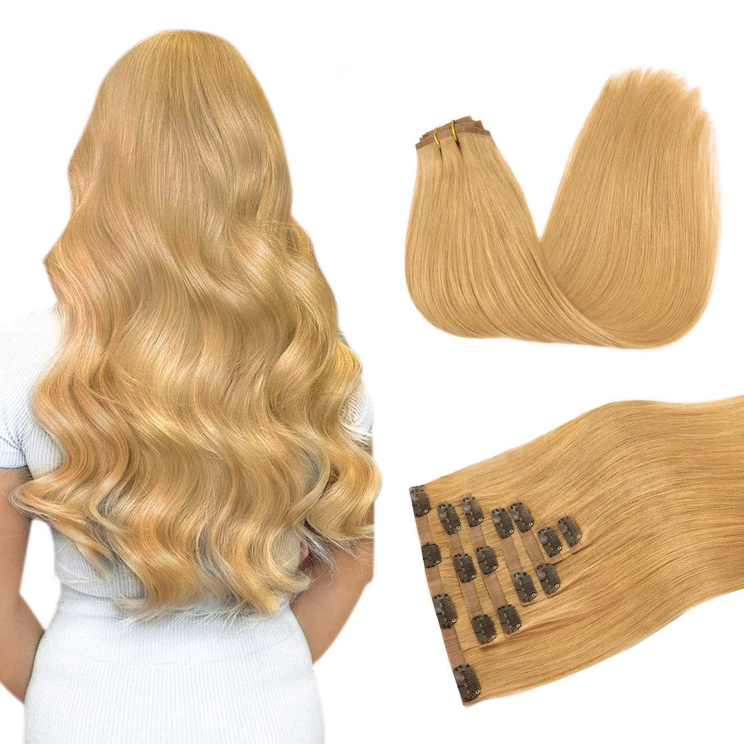 Doores Hair Extensions Real Human Hair, Honey Blonde110G 7Pcs 22 Inch, Human Hair Extensions Seamless Clip In Thin Weft Remy Str