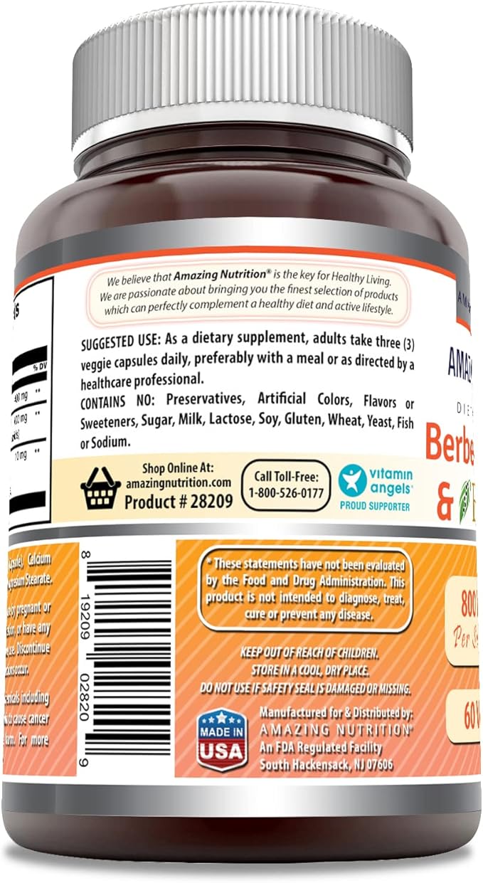 Amazing Formulas Berberine Turmeric & Bioperine 800mg Per Serving 60 Veggie Capsules Supplement | Non GMO | Gluten Free | Made in USA | Ideal for Vegetarians