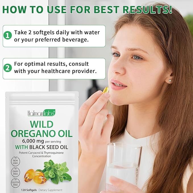 Oil of Oregano Capsules - 2 in 1 6000mg Oil of Oregano with Black Seed Oil 200mg - Oregano Oil Supplement Capsules - Digestive Support & Antioxidant, Non-GMO Digestive Support (2 Pack)