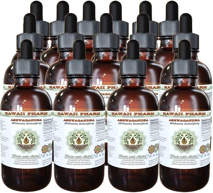 Ashwagandha Alcohol-Free Liquid Extract, Organic Ashwagandha (Withania Somnifera) Dried Root Glycerite Hawaii Pharm Natural Herbal Supplement 15x4 oz