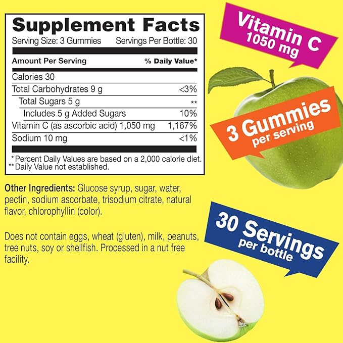 Vitamin C 1050 mg Gummies - Natural Sourced Flavors - Immune Support Dietary Supplement, Antioxidant Support - Extra Strength Vegetarian Gummy, Non-GMO, Gluten Free - 30 Servings