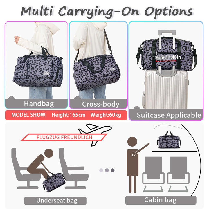 FIORETTO Women's Water-Resistant Gym Duffle Bag with Shoes Compartment, 37L Capacity, Multi-Functional, Ideal for Travel, Gym, Sports, Duffel, Weekender, Leopard Print