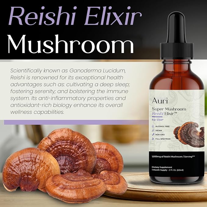Auri Reishi Super Mushroom Elixir - Immune Booster and Stress Support Supplement to Achieve Deeper Sleep - Reishi Tincture 60ml