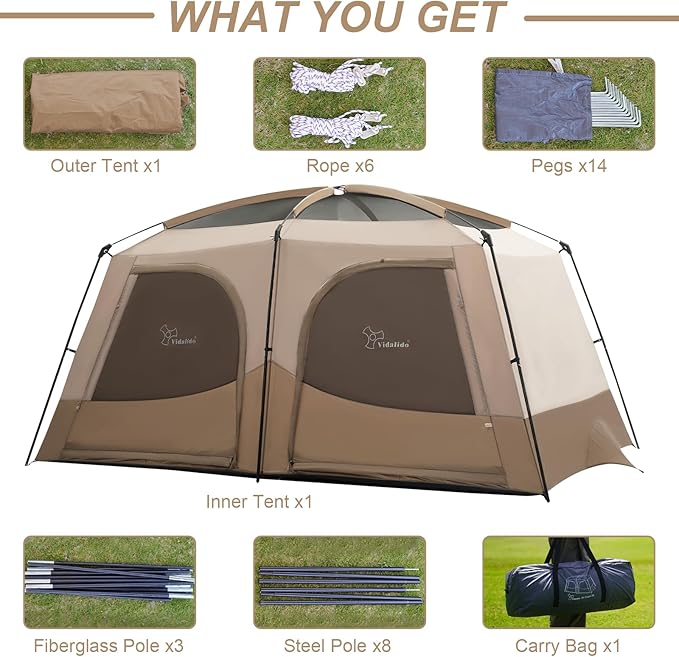 Vidalido Tents，6-8 Person Camping Tent with Extended Vestibule，2 Room Weather Resistant Family Tents，Easy Install Waterproof Outdoor Tent for Backpacking and Camping Hiking