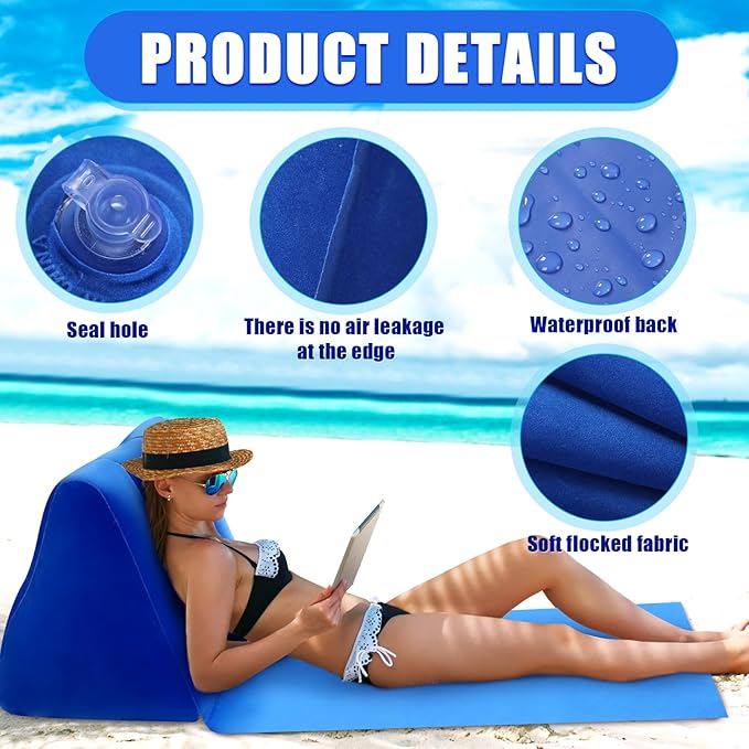2PCS Dark Blue Inflatable Beach Mat Lounge Chair - Flocking Camping Leisure Lounger Back