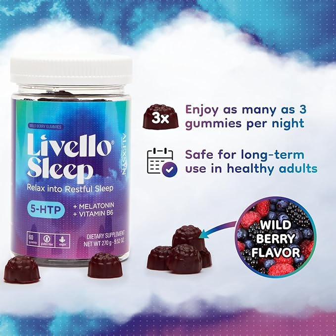 Livello Sleep Wild Berry Gummies - 60 Servings Natural Sleep Support with 5-HTP, Melatonin, and Vitamin B6 for Peaceful Night, Vegan & Gluten-Free
