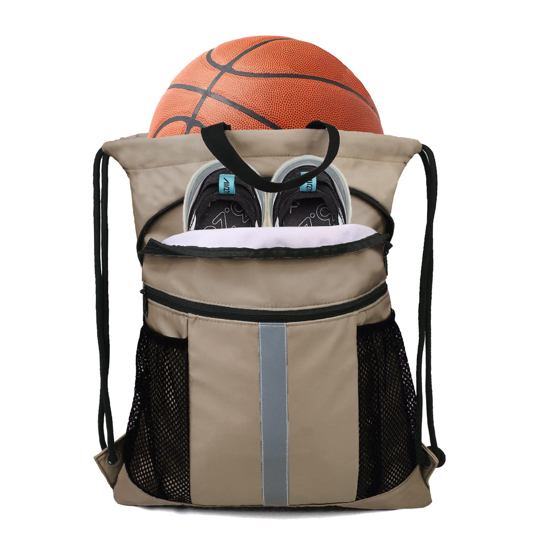 BeeGreen Camel Drawstring Backpack Bag with Shoe Compartment X-Large Gym Sports String Cinch Sackpack with Front Inside Zipper Pockets 75D