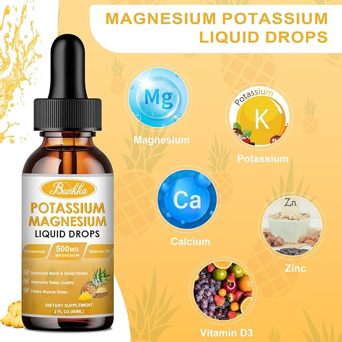 Potassium Magnesium Supplement - High Absorption Magnesium Complex 500mg & Potassium 99mg Plus Calcium, Vitamin D3, Zinc, Sugar Free Drops Supplement for Leg Cramps, Energy, Metabolism, for Adult