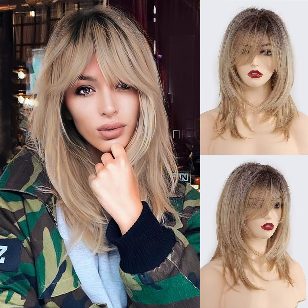 Haircube Blonde Wigs Shoulder Length Layered Wigs Long Curly Wigs For Women 18 Inch Wigs With Bangs