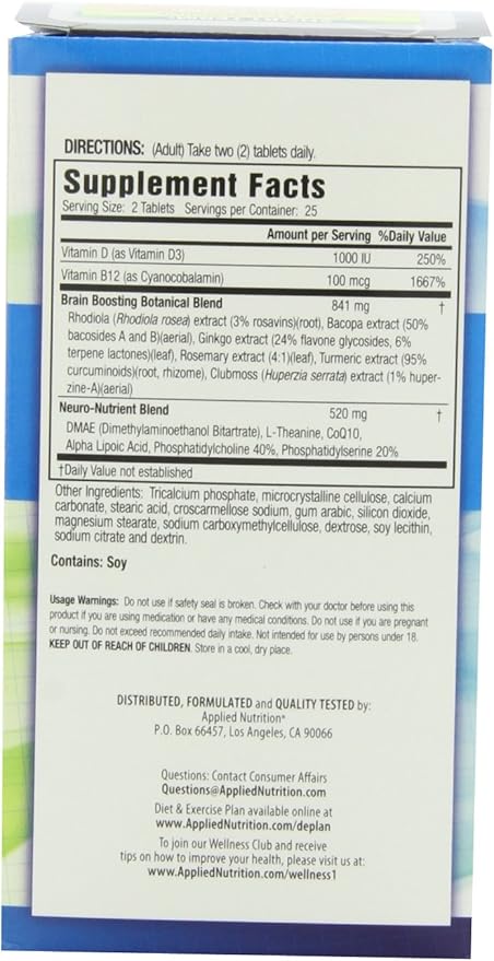 Applied Nutrition Healthy Brain All-Day Focus - 50 Tablets - Powerful 3-in-1 Brain Booster with Turmeric Extract - 25 Servings