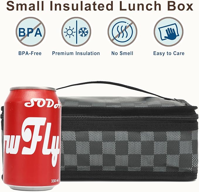 FlowFly Small Insulated Lunch box Portable Soft Bag Mini Cooler Thermal Meal Tote Kit with Handle for Work, Plaid