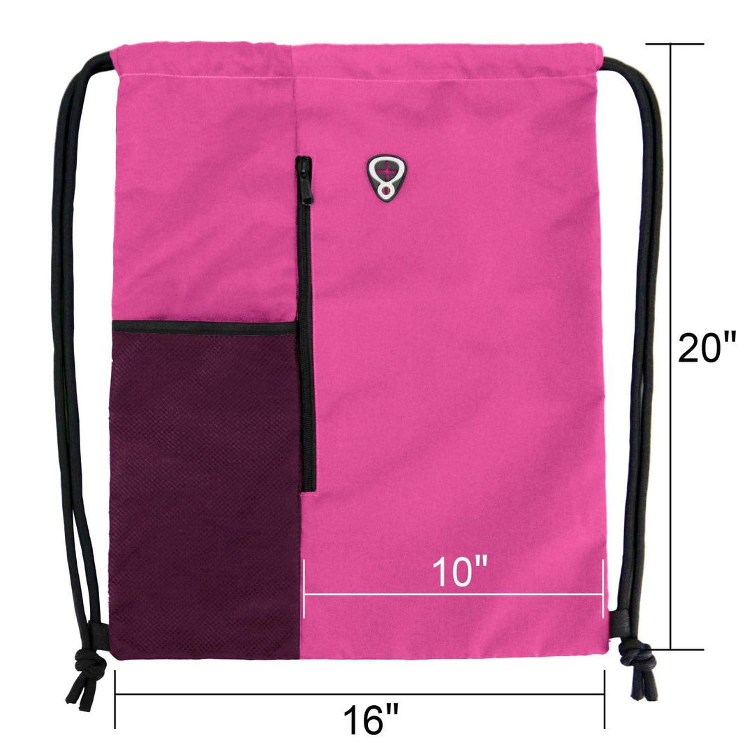 BeeGreen Pink Cinch Sack Drawstring Backpack For Women With Water Bottle Pocket &Two Zippered Pocket Large Sports Gym Sackpack For Traveling Yoga Beach Outdoor