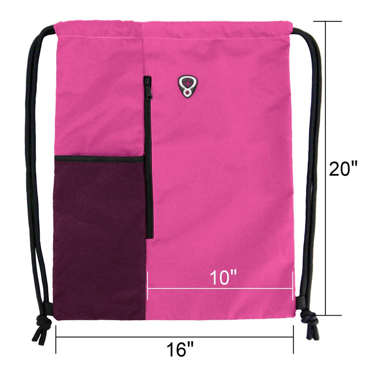 BeeGreen Pink Cinch Sack Drawstring Backpack For Women With Water Bottle Pocket &Two Zippered Pocket Large Sports Gym Sackpack For Traveling Yoga Beach Outdoor