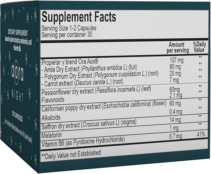 AORA Night | Sleeping Pills | Sleep aids for Adults | Relaxation | Antioxidant | Antiaging | Melatonin | Saffron | Vitamin B6 | Valerian Root | Passionflower | 30 Capsules (1 Month)