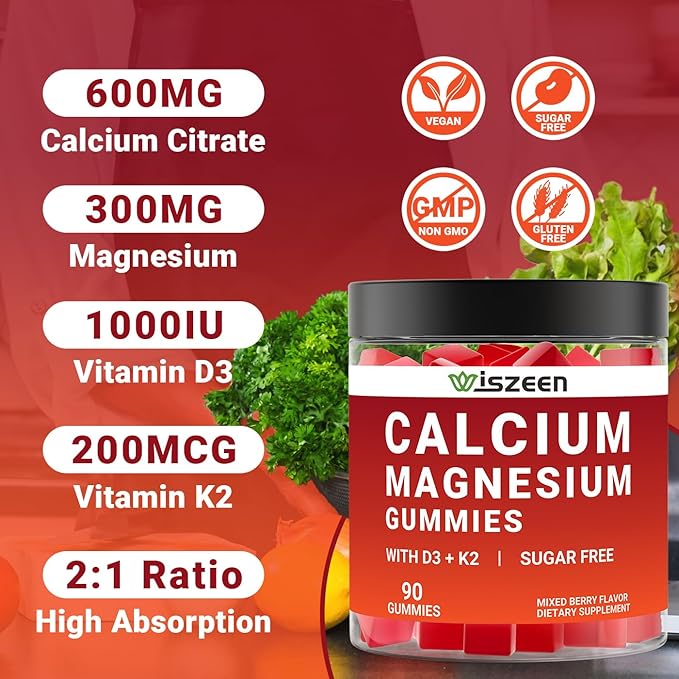 Calcium Gummies with Vitamin D3 K2, Vegan Calcium Magnesium Gummies for Women with Zinc, Manganese for Bone, Muscle & Immune, Calcium Supplement
