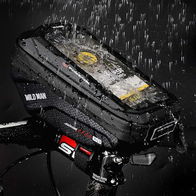 Bike Handlebar Bag, Waterproof Bicycle Frame Top Tube Pouch Pannier Cycling Handlebar Bags Bike Phone Mount Cycle Cell Phone Holder Stand for iPhone 16 15 14 13 Pro Max Samsung Smartphone up to 6.7''