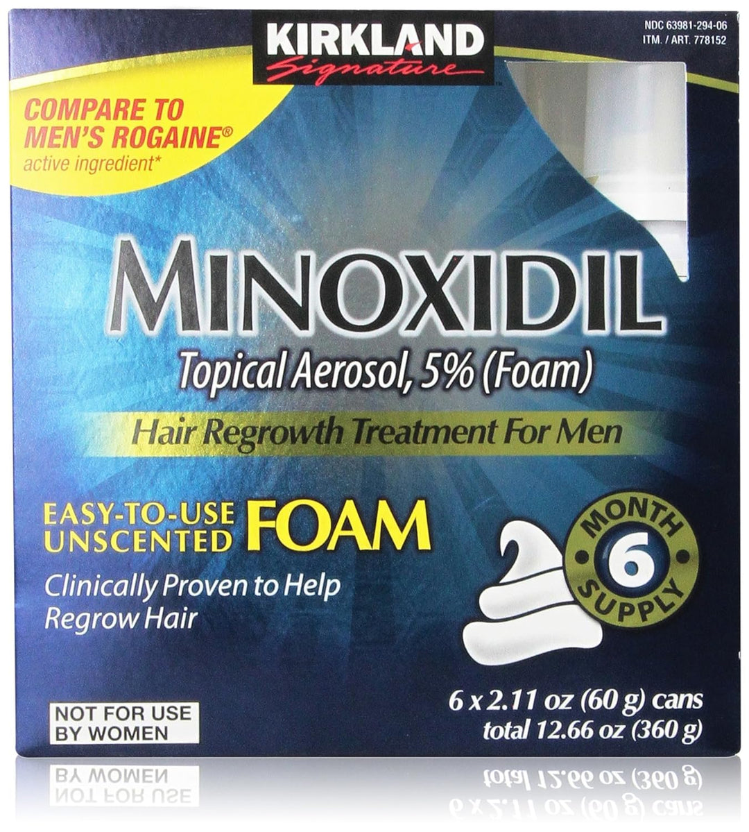 Kirkland Signature Hair Regrowth Treatment Minoxidil Foam For Men, 2.11 Oz, 6 Count (6 Month Supply)
