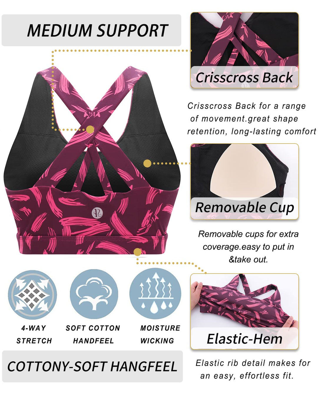 RUNNING GIRL Sports Bra for Women, Criss-Cross Back Padded Strappy Sports Bras Medium Support Yoga Bra with Removable Cups (WX2353D-Freedom Red, XS)