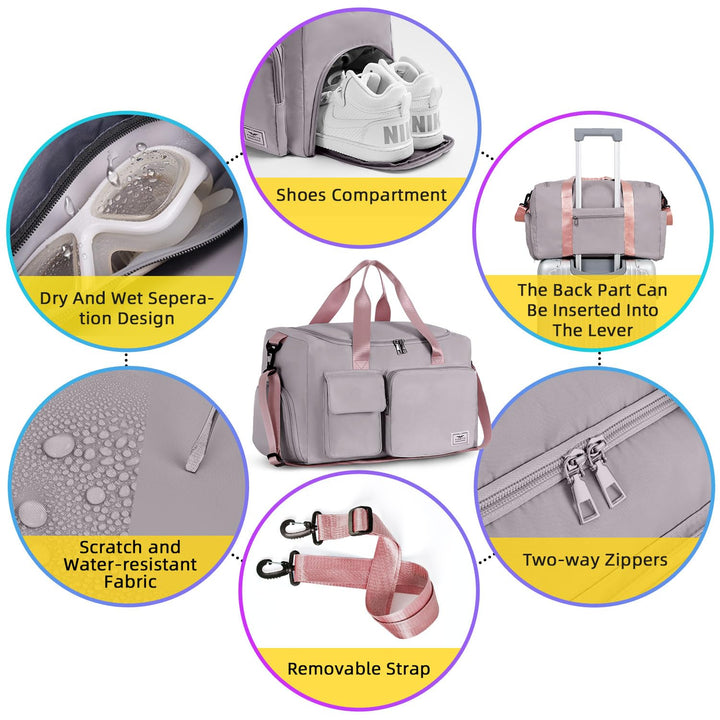 FIORETTO Women's Water-Resistant Gym Duffle Bag with Shoes Compartment, 37L Capacity, Multi-Functional, Ideal for Travel, Gym, Sports, Weekender, Grey & Pink