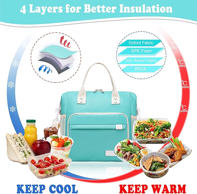 Preppy Lunch Box for Women Aesthetic Insulated Lunch Bag for Young Ladies Female, Teal