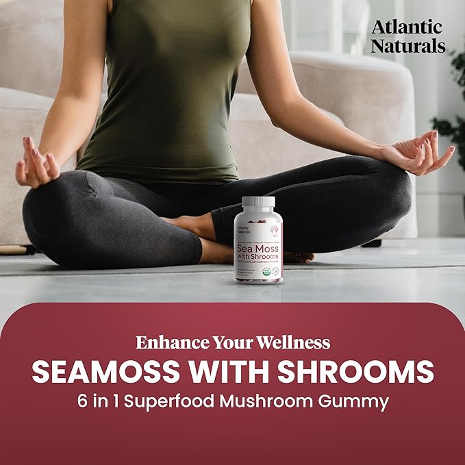 Atlantic Naturals Sea Moss with Shrooms - Mushroom Gummies Supplement - Organic Superfood with Irish Moss, Lion's Mane, Reishi, Cordyceps, Chaga & Turkey Tail - Focus, Energy, Immune Health - 60 ct