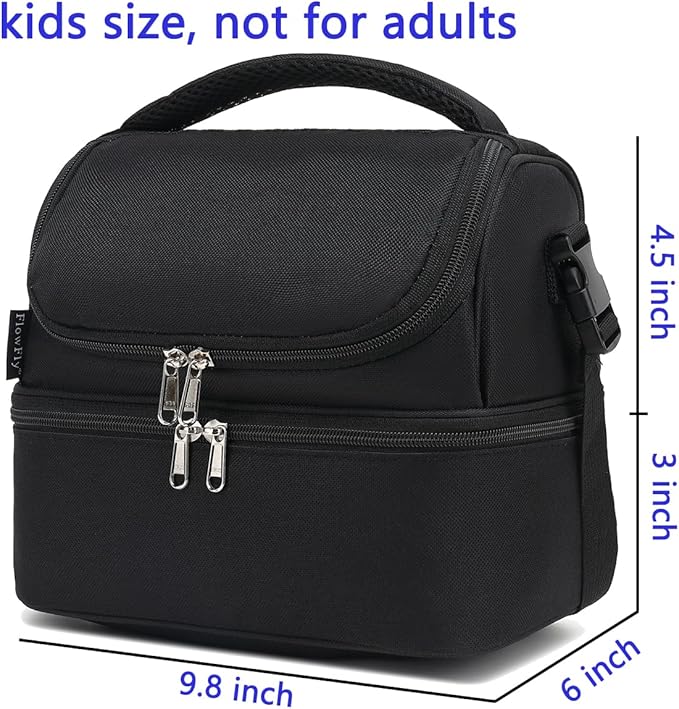 FlowFly Double Decker Cooler Insulated Lunch Bag Large Tote for Boys, Girls, Men, Women, With Adjustable Strap,Black