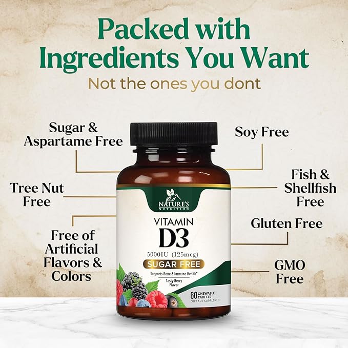 Vitamin D3 5000 IU (125 mcg) - Chewable Vitamin D Supplements for Bone, Teeth, Muscle & Immune Support, Sugar Free, Non-GMO, Gluten Free, Nature's Extra Strength D3 Vitamin - 60 Chewable Tablets