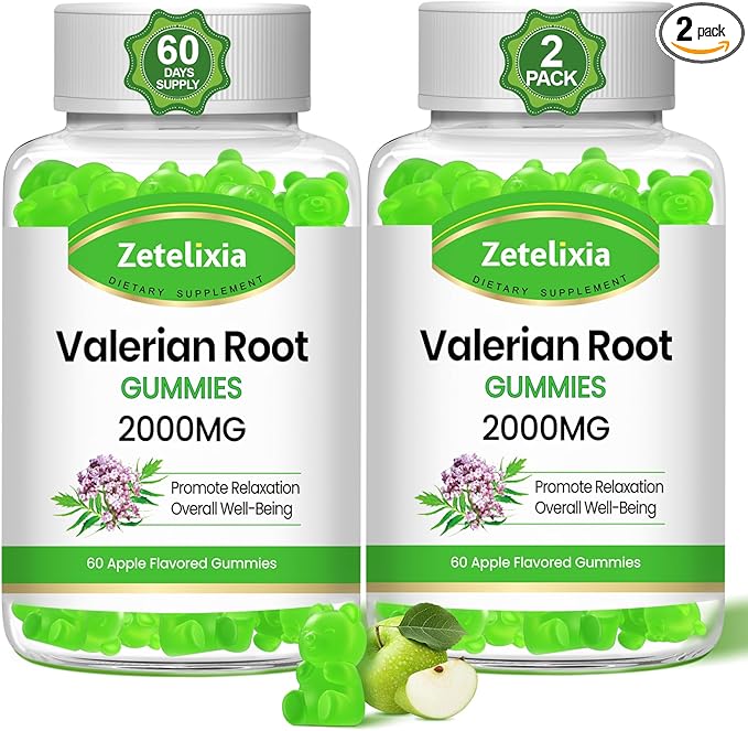 2 Pack Organic Valerian Root Gummies, Herbal Supplement for Relaxation & Mood Support, Sleep Gummies Without Melatonin for Adults, Vegan, Non-GMO, Apple Flavor, 120 Count