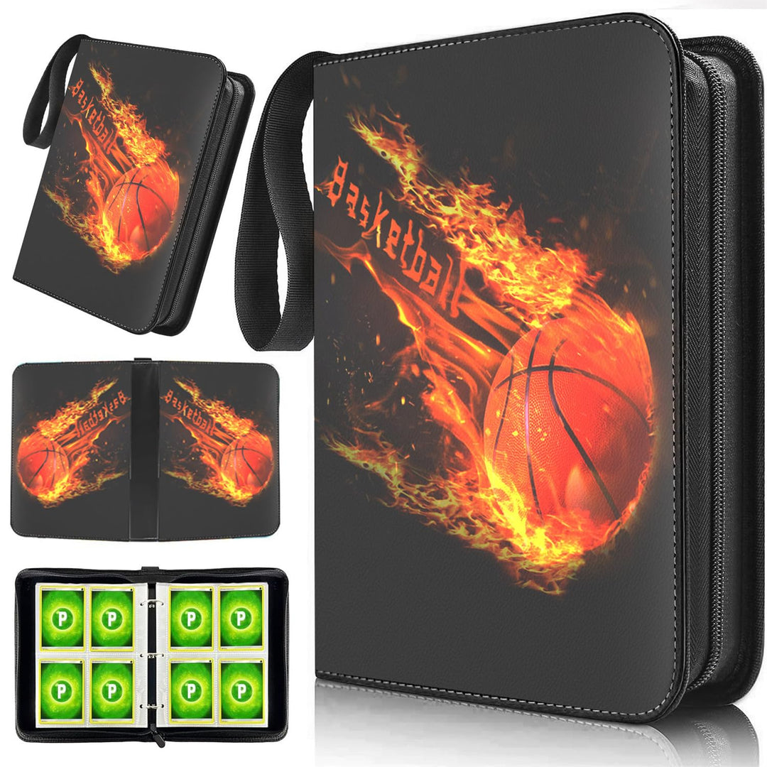 Zxojd 400 Pockets Flame Basketball Card Binder,Gifts for Basketball Trading Cards Collectors,Portable Waterproof Card Storage Bag with Removable Sleeves,Compatible with Basketball,Football Cards
