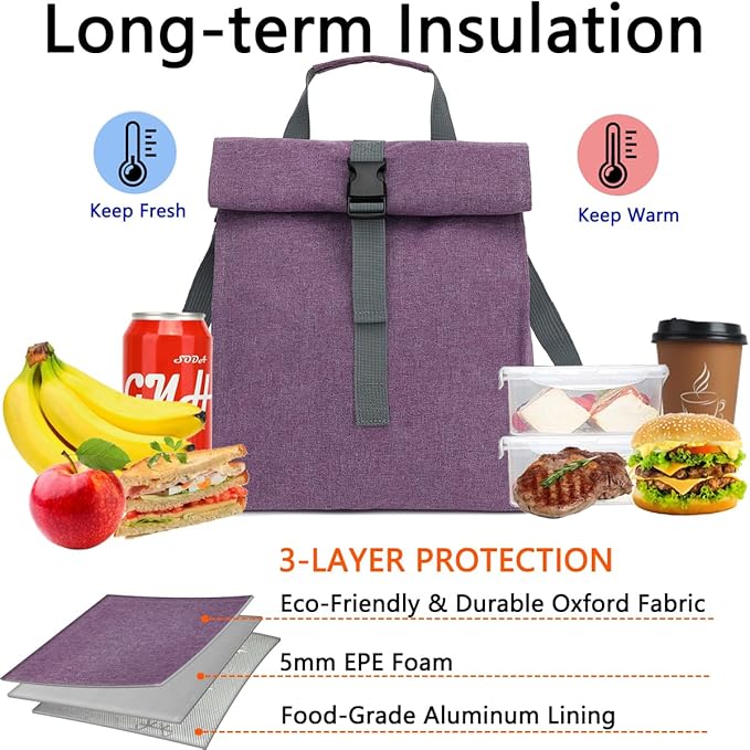 Unisex Insulated Lunch Bag, Purple, 8.8" x 6" x 9"