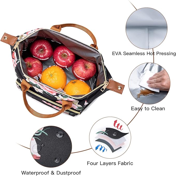 TuErCao Lunch Box for Women Adult Insulated Lunch Bag for Female Teacher Nurse Mom, Fashion Ladies Lunch Tote Bag for Work, Peony