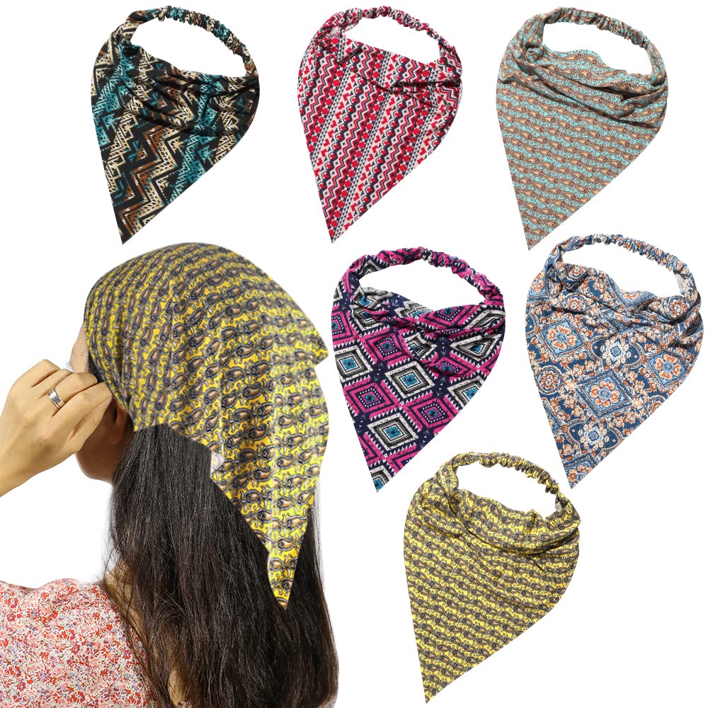 6 Pack Boho African Hair Scarf Headband for women - Elastic Bandanas Scarves Headwrap Triangle Kerchief Large Non Slip Hair Accessories for Teen Girls