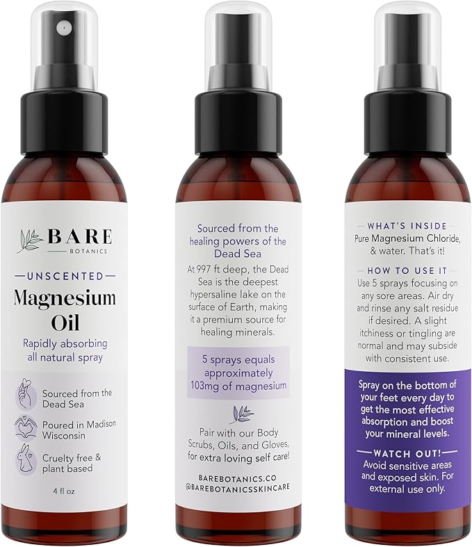 Bare Botanics Unscented 4oz Pure Magnesium Oil Spray from The Dead Sea | Rapidly Absorbing | Handpoured in Madison, WI | Supports Sleep & Soothes Sore Muscles