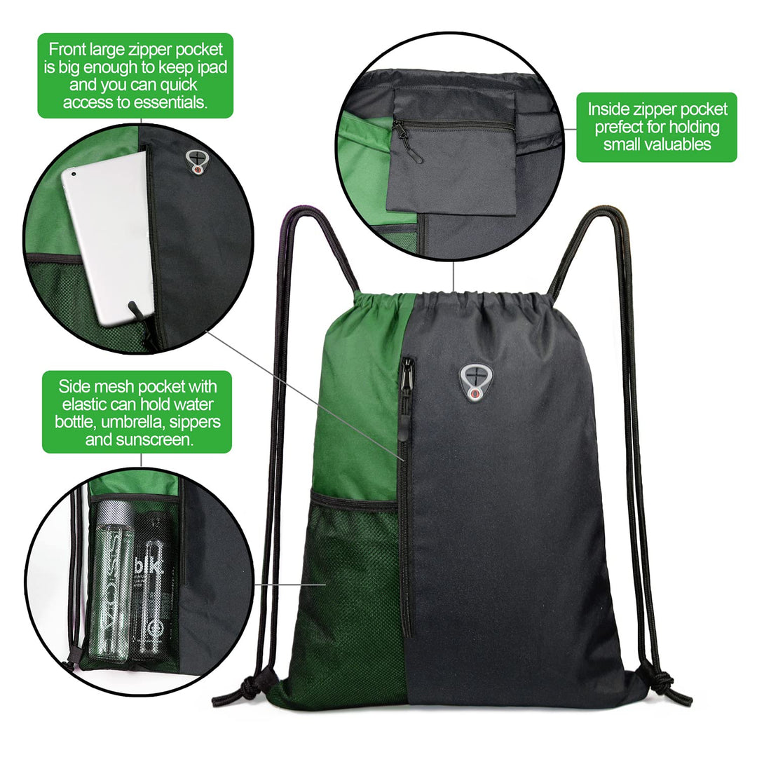 BeeGreen Green Drawstring Bag Sports Gym Backpack for Women Men Large Cinch Sackpack Day Pack with Zipper and Water Bottle Mesh Pockets (Black/Green)