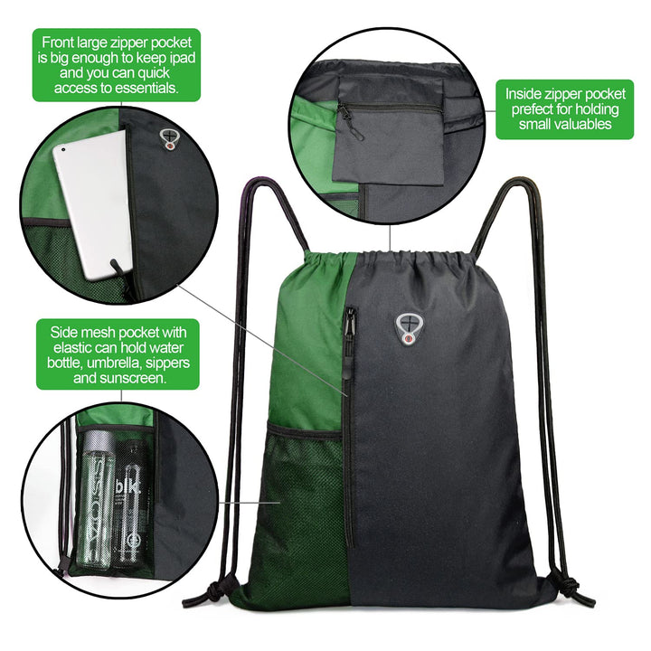 BeeGreen Green Drawstring Bag Sports Gym Backpack for Women Men Large Cinch Sackpack Day Pack with Zipper and Water Bottle Mesh Pockets (Black/Green)