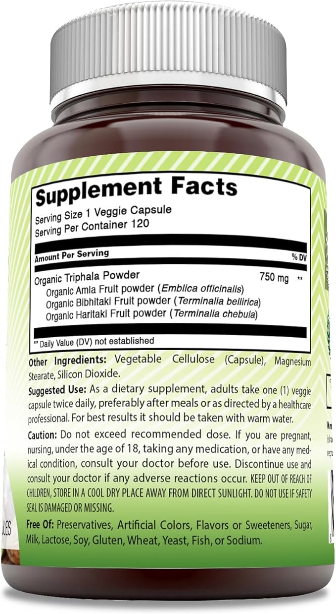Amazing India Triphala (Natural Triphala Fruit) Supplement | 750 Mg per Serving | 120 Veggie Capsules | Non-GMO | Gluten-Free
