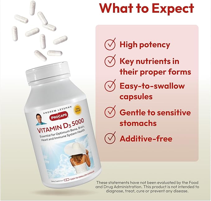 ANDREW LESSMAN Vitamin D3 5000 IU 360 Capsules - High Potency, Essential for Calcium Absorption, Supports Bone Health, Healthy Muscle Function, Immune System, More. Small Easy to Swallow Capsules